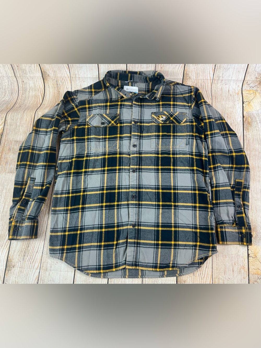 Mens Columbia Mizzou Missouri Tigers Flannel Gray Plaid Shirt Size Large